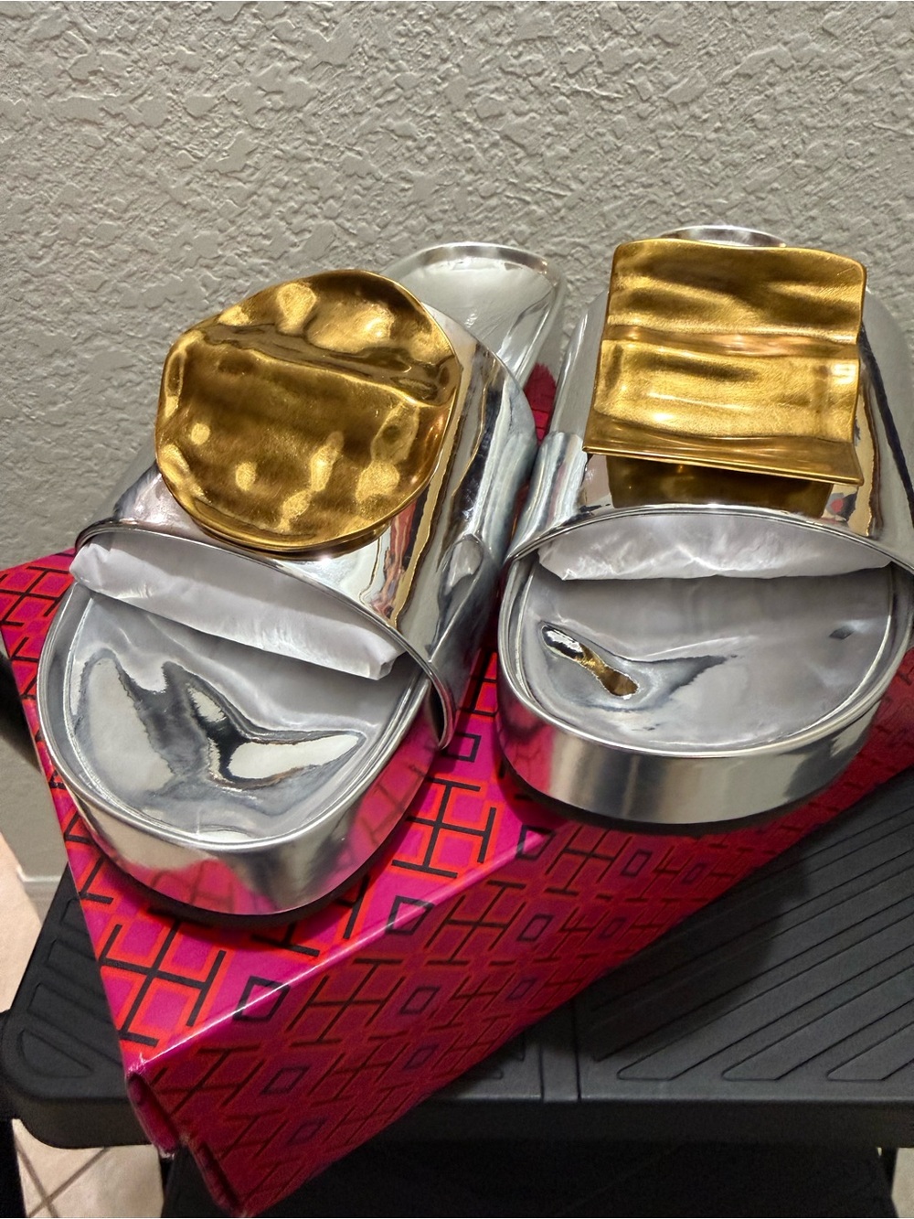 Tory Burch Metallic Silver Platform Slide Sandals with Gold Accents